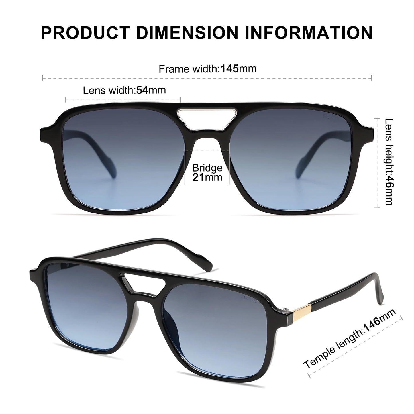 SOJOS Retro Aviator Sunglasses for Women Men,Trendy Rectangle Womens Mens Shades Sun Glasses SJ2202 Black Blue Lens