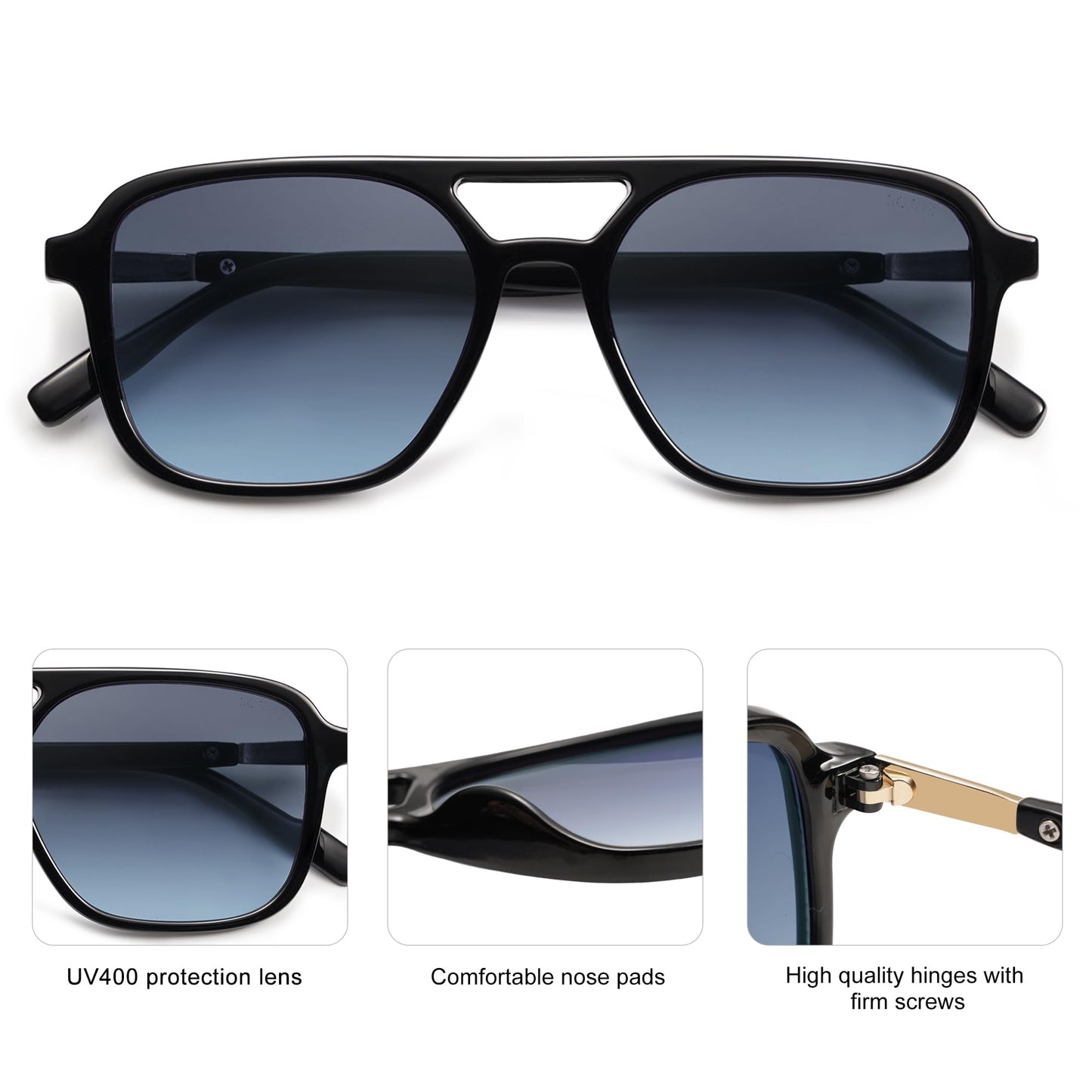 SOJOS Retro Aviator Sunglasses for Women Men,Trendy Rectangle Womens Mens Shades Sun Glasses SJ2202 Black Blue Lens